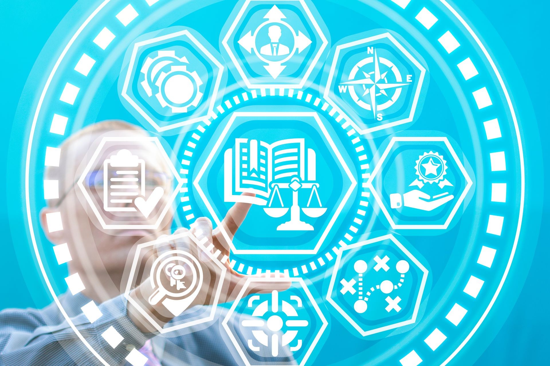 Man working on a virtual screen of the future and touches the icon: book scales. Justice libra and book law legal concept. Education legislation lawyer. Man working on a virtual screen of the future and touches the icon: book scales. Justice libra and book law legal concept. Education legislation lawyer.